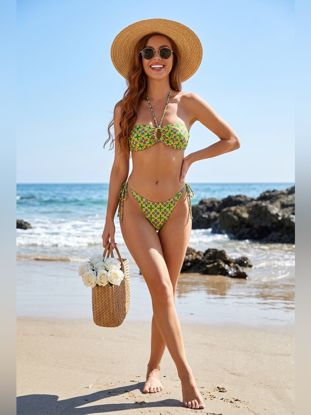 Commense Green Yellow Multi-Color Tile Print Bikini Set with paddle Bra.